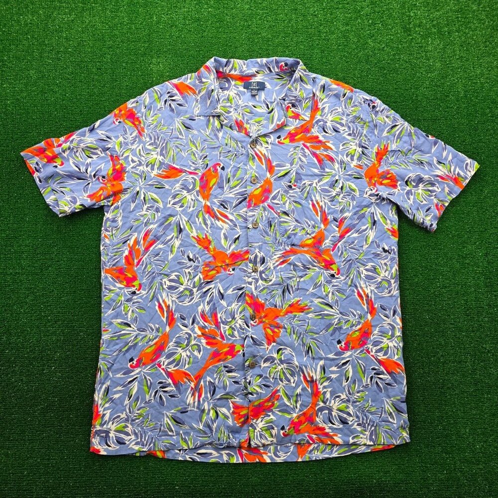 George‎ Hawaiian Shirt Men Large Blue Floral Short Sleeve Button Up Aloha Beach